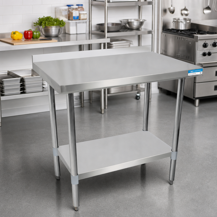 Product image #2 for BK Resources 48" x 30" 18-Gauge 430 Stainless Steel Work Table with 1-1/2" Rear Riser and Adjustable Undershelf