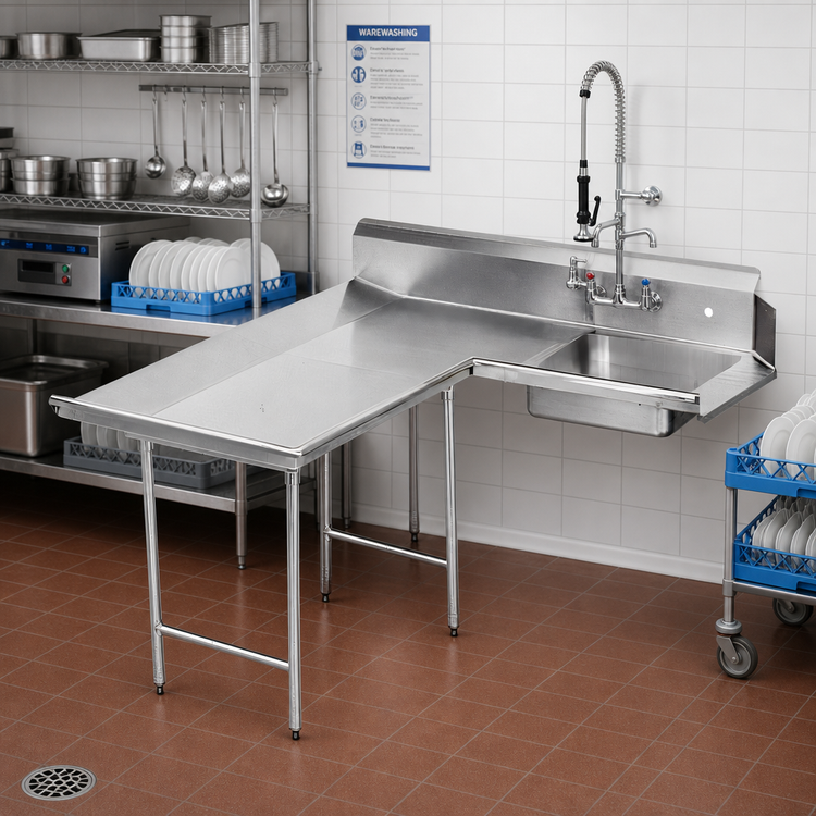 Product image #2 for Advance Tabco L-Shaped Left-Hand Dishlanding Soil Dishtable with Landing and Pre-Rinse Sink, 95 Inch