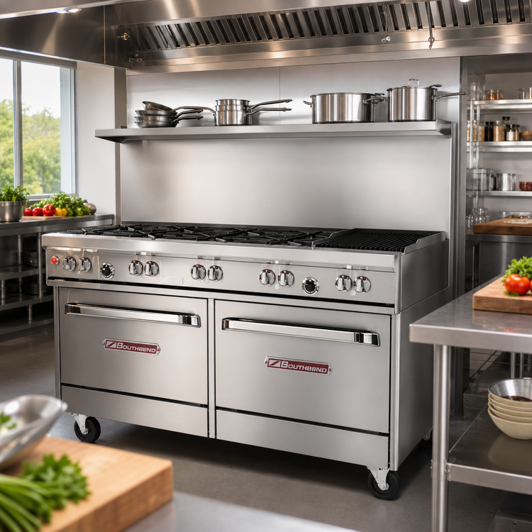 Product image #2 for Southbend Ultimate 60-Inch Gas Restaurant Range with 4 Pyromax Burners, 24-Inch Charbroiler, and 2 Standard Ovens