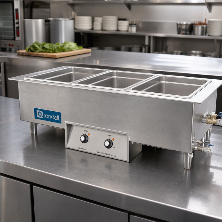 Product image #2 for Randell 3-Pan Drop-In Electric Wet-Operation Hot Food Well with Drains and Manifold