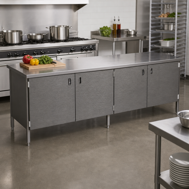 Product image #2 for John Boos Enclosed Base Stainless Steel Work Table with Hinged Doors, 132"W x 30"D