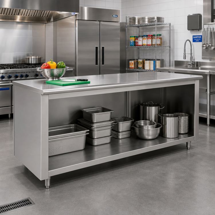 Product image #2 for Advance Tabco 84-Inch x 24-Inch 14-Gauge 304 Stainless Steel Work Table with Open Front Cabinet Base