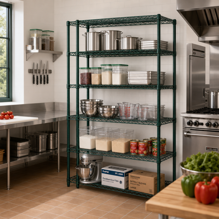 Product image #2 for Quantum 42"W x 24"D x 86"H 5-Shelf Wire Shelving Starter Kit, Green Epoxy Antimicrobial Finish