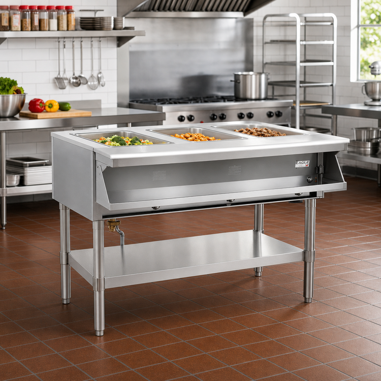 Product image #2 for Eagle Group 48-Inch Electric 3-Well Sealed Well Hot Food Table with Open Shelf Base, 120V