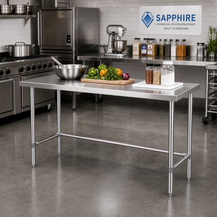 Product image #2 for Sapphire 72" x 18" 18-Gauge 430 Stainless Steel Flat Top Work Table with Open Base