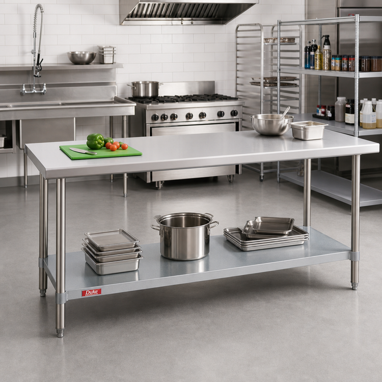 Product image #2 for Duke 120-Inch x 30-Inch Stainless Steel Work Table with Galvanized Undershelf, Flat Top, 36-Inch High