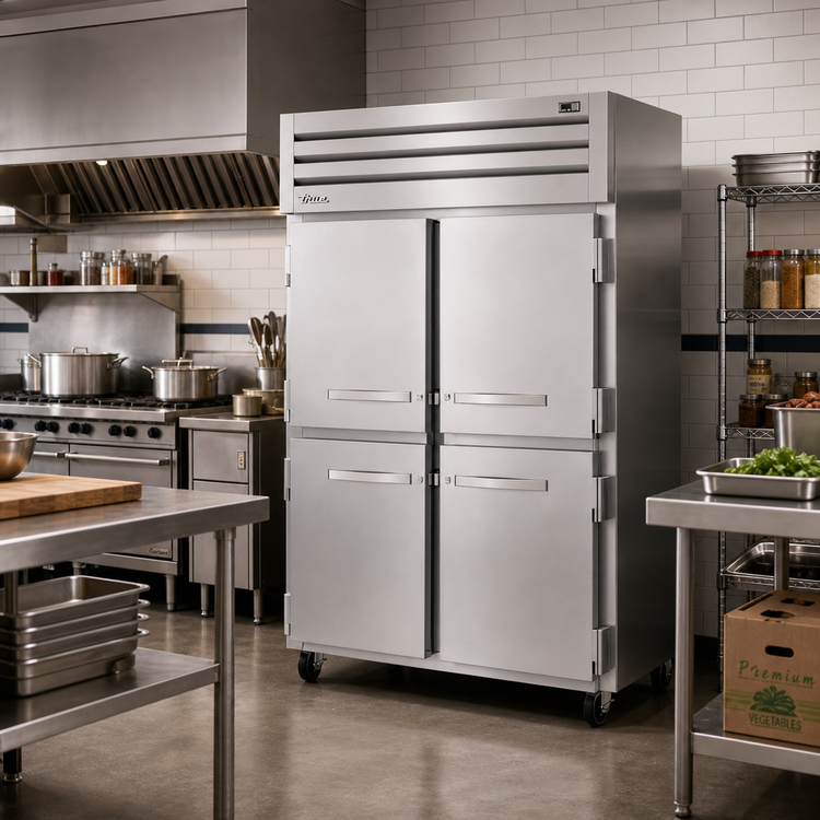 Product image #2 for True Spec Series 2-Section Pass-Thru Reach-In Refrigerator with 4 Half Front Doors and 2 Rear Swing Doors, Top-Mounted Self-Contained Refrigeration