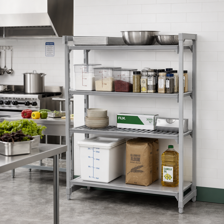 Product image #3 for Cambro Camshelving Premium 60" x 21" x 84" 4-Shelf Vented and Solid Stationary Add-On Unit, Speckled Gray