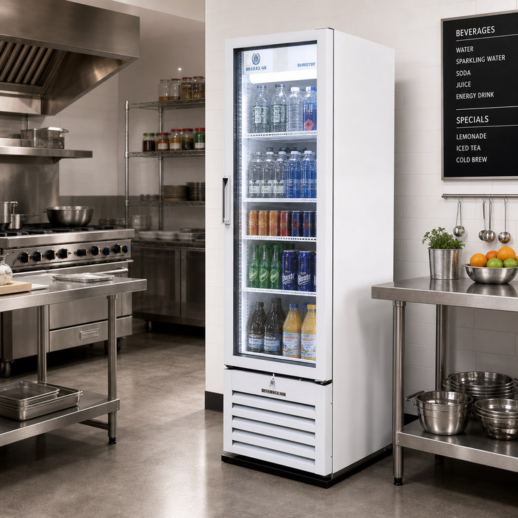Product image #2 for Beverage Air Marketeer 1-Section Hinged Glass Door Refrigerated Merchandiser, 7.69 Cu. Ft., White, Bottom-Mounted, Self-Contained