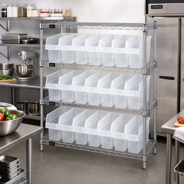 Product image #2 for Quantum 12 x 36 x 39 Inch Chrome Plated Wire Shelving Bin Center with 4 Shelves and 21 Clear Bins