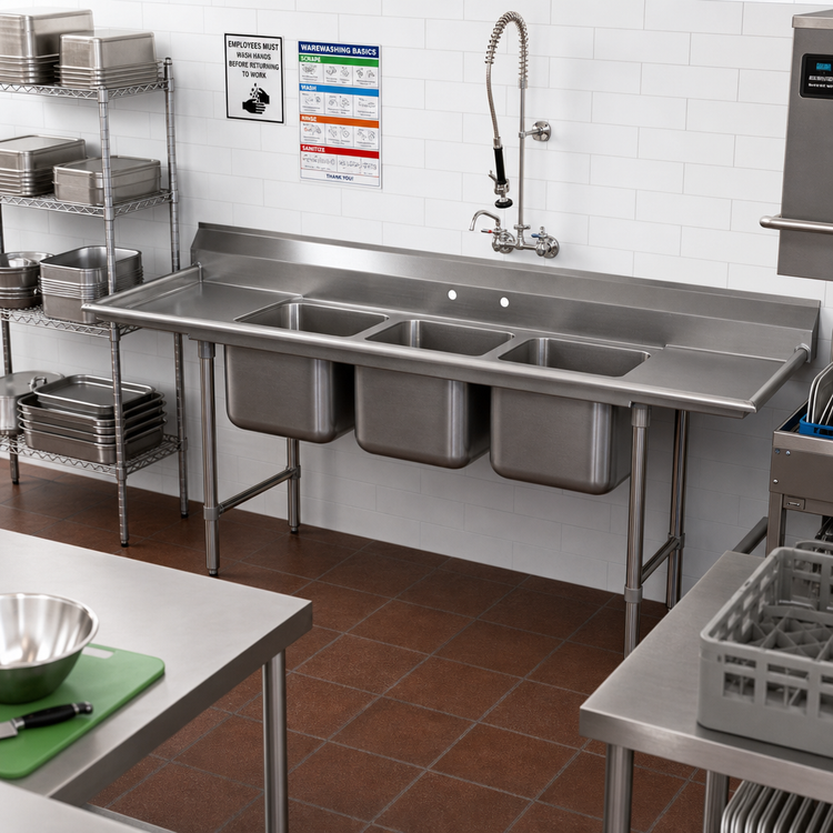 Product image #2 for Advance Tabco Special Value Regaline 3-Compartment Sink with Dual Drainboards, 91-Inch Long, 18-Gauge 304 Stainless Steel