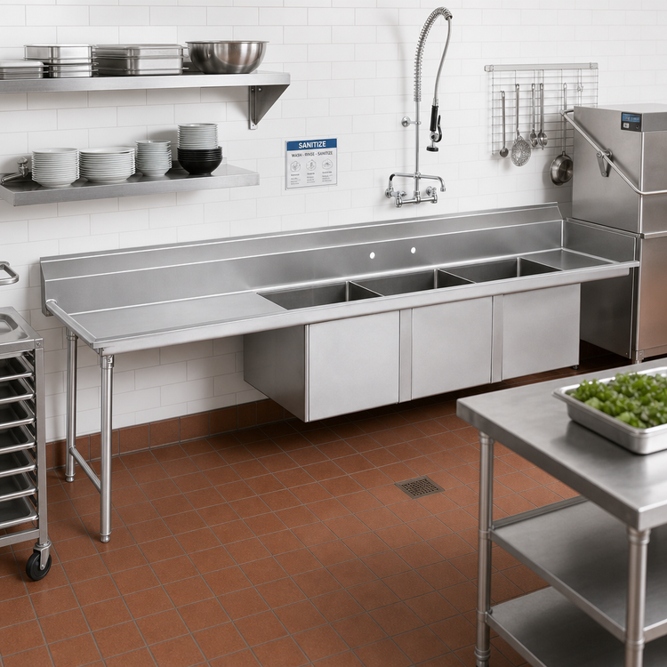 Product image #2 for 83-Inch 3-Compartment 16-Gauge 304 Stainless Steel Sink Dishtable with Left Drainboard