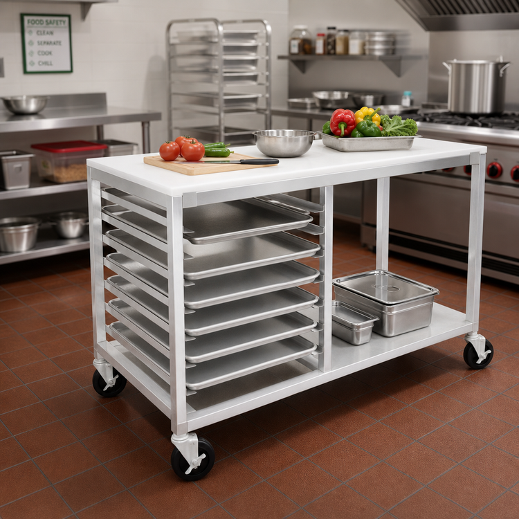 Product image #2 for 48 x 24 Inch Double-Section End-Load Aluminum Bun Pan Rack Work Table with Poly Top, Open Shelf and Angle Slides