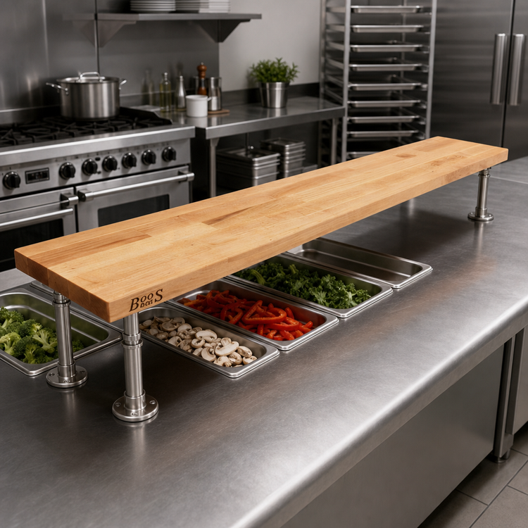Product image #2 for John Boos 84-Inch x 12-Inch x 1-3/4-Inch Thick Edge Grain Northern Hard Rock Maple Steam Table Cutting Board with Adjustable Stainless Steel Supports