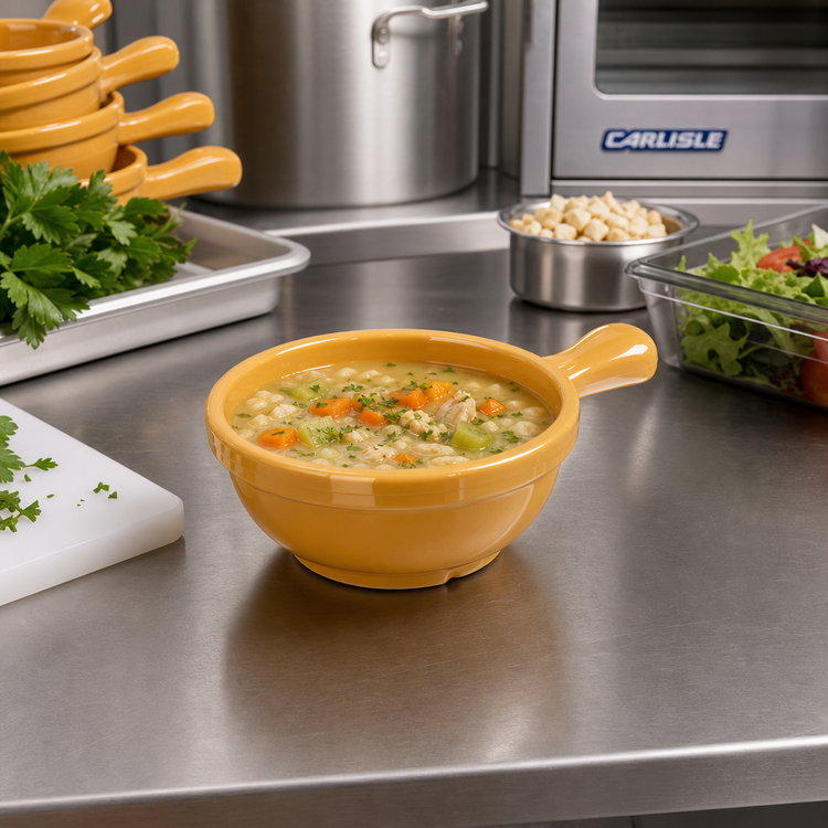 Product image #3 for Carlisle Handled 8 oz Stackable Footed Soup Bowl, Honey Yellow