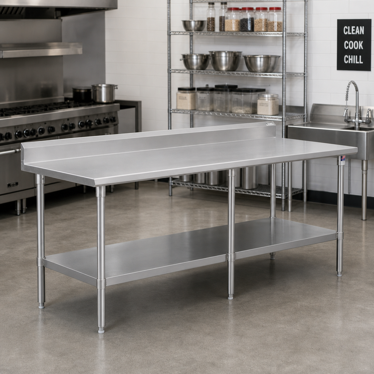 Product image #2 for John Boos Stallion 144-Inch x 36-Inch Stainless Steel Work Table with 5-Inch Backsplash, Safety Edge, and Fixed Undershelf