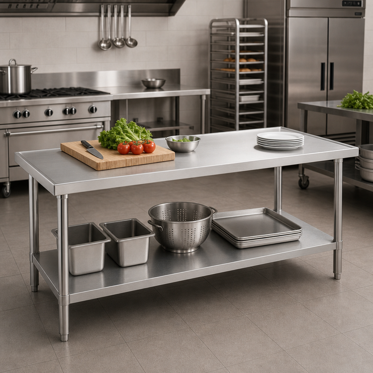 Product image #2 for Advance Tabco 48-Inch x 48-Inch 14-Gauge 304 Stainless Steel Work Table with Adjustable Undershelf and Countertop No-Drip Edge