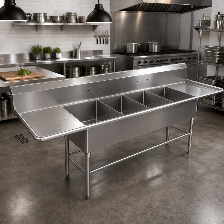 Product image #2 for John Boos Pro-Bowl 4-Compartment Stainless Steel Sink with Left and Right Drainboards, 18" x 24" Bowls