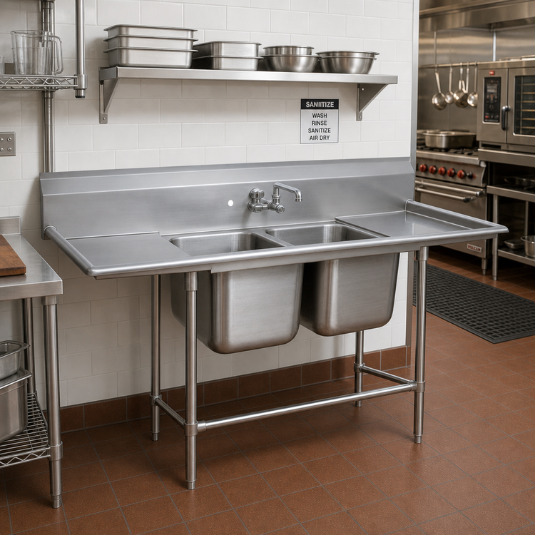 Product image #2 for Advance Tabco Regaline 2-Compartment Sink with Left and Right Drainboards, 14-Gauge 304 Stainless Steel, 78-1/2 Inch Overall Length