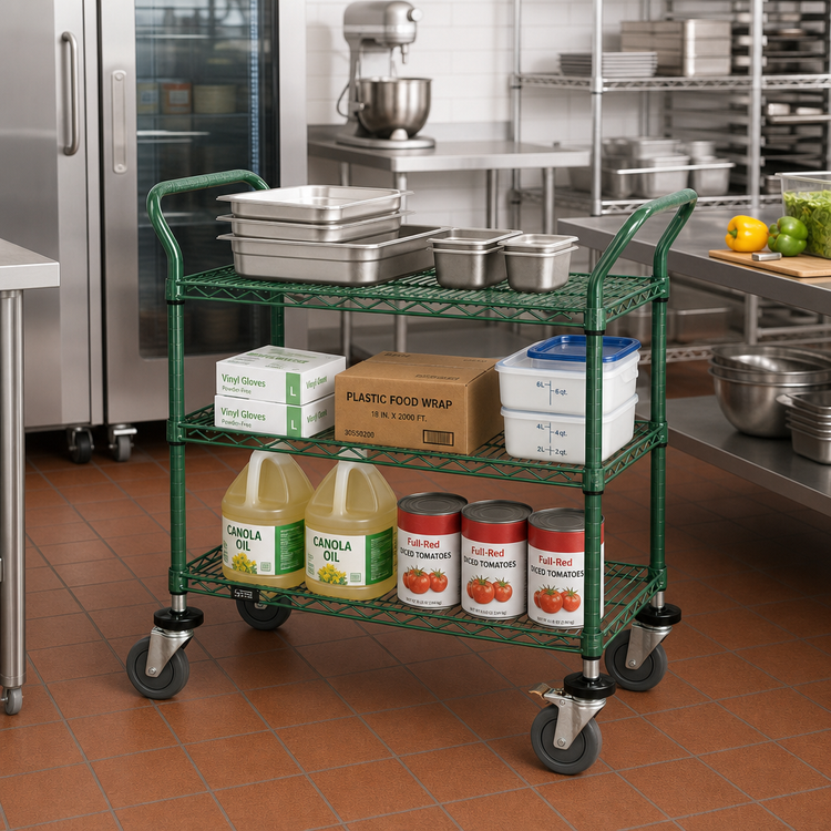 Product image #2 for Quantum WRC-2442P-3 3-Shelf Wire Utility Cart, 42 x 24 x 37-1/2 In., Green Epoxy Antimicrobial Finish