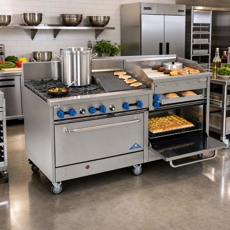 Product image #2 for Comstock-Castle 72-Inch Stainless Steel Commercial Gas Range with 8 Star Burners, 24-Inch Raised Griddle and 2 Extra-Wide Ovens