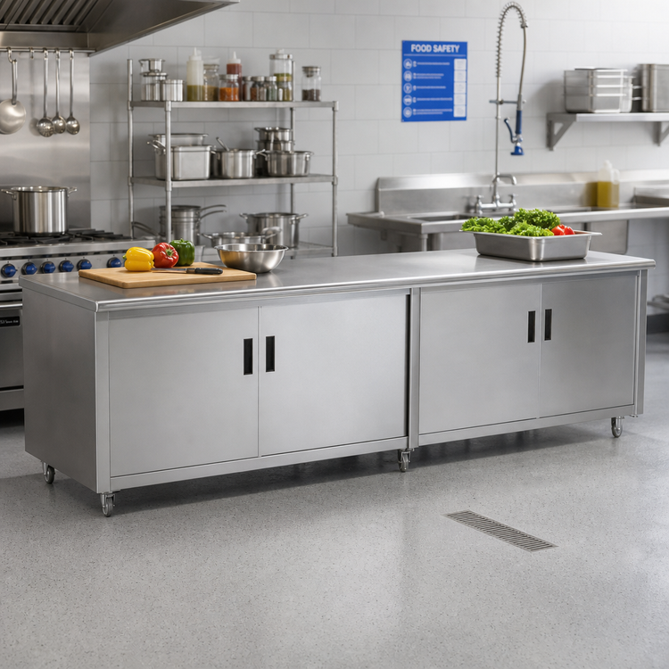 Product image #2 for Advance Tabco 120-Inch Wide Enclosed Work Table with Cabinet Base, Mid-Shelf, and Hinged Doors