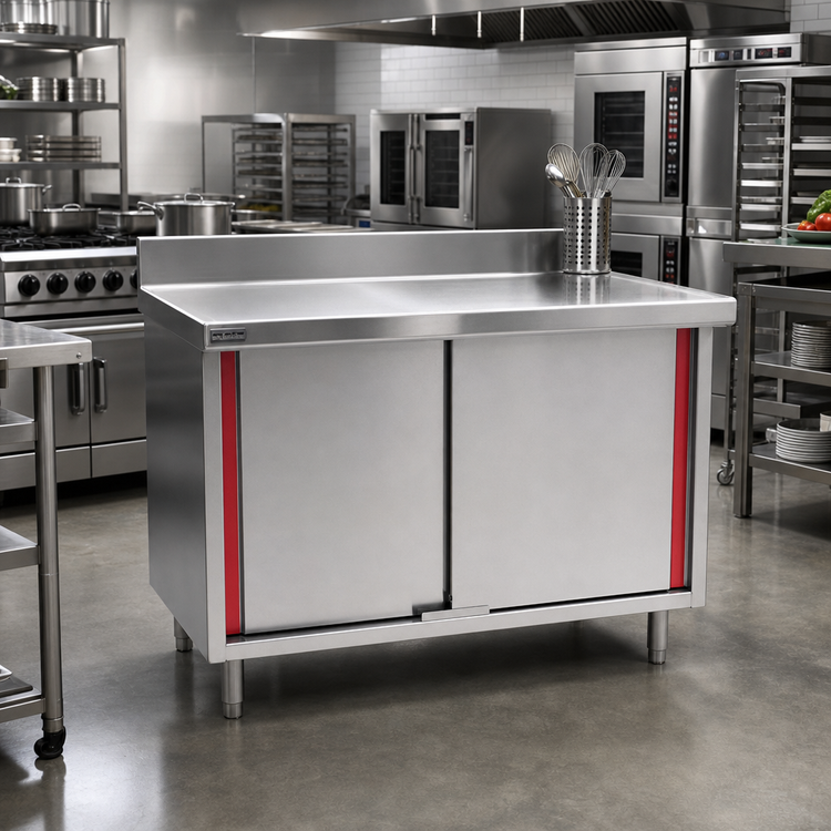 Product image #2 for Spec-Master Marine Series Stainless Steel Enclosed Work Table with Cabinet Base and Sliding Doors, 84 x 30 Inches, 4-1/2 Inch Backsplash