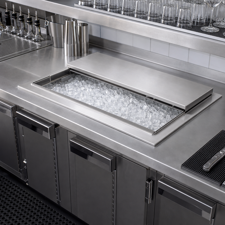 Product image #2 for Glastender Drop-In Ice Bin with Built-In 10 Circuit Cold Plate and Sliding Stainless Steel Cover, 26 x 19 Inches, 71 lb Capacity
