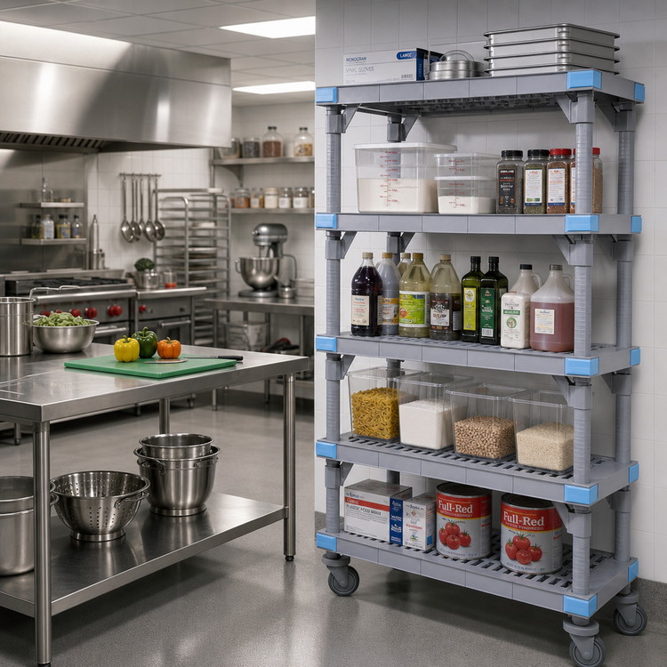 Product image #2 for Millenia 5-Shelf Mobile Polymer Shelving Starter Unit with Open Grid Shelves, 72W x 21D x 86H, Gray
