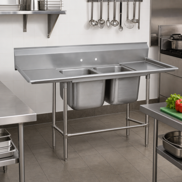 Product image #2 for Advance Tabco Regaline 2-Compartment Stainless Steel Sink with Left and Right Drainboards, 24 x 24 Inch Bowls, 11 Inch Backsplash