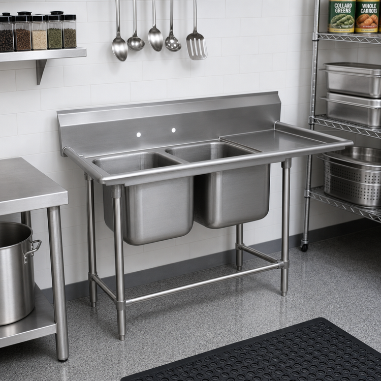 Product image #2 for Advance Tabco Regaline 2-Compartment Commercial Sink with Right-Hand Drainboard, 20" x 20" Bowls, 14-Gauge 304 Stainless Steel
