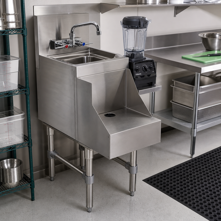 Product image #2 for Advance Tabco Prestige Supreme 12 Inch x 25 Inch x 36 Inch Freestanding Stainless Steel Blender Station with Dump Sink and Recessed Shelf