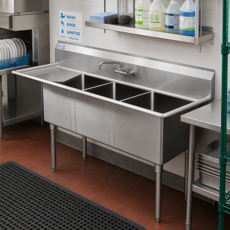 Product image #2 for Commercial 3-Compartment Pot Sink with Left-Hand Drainboard, 304 Stainless Steel