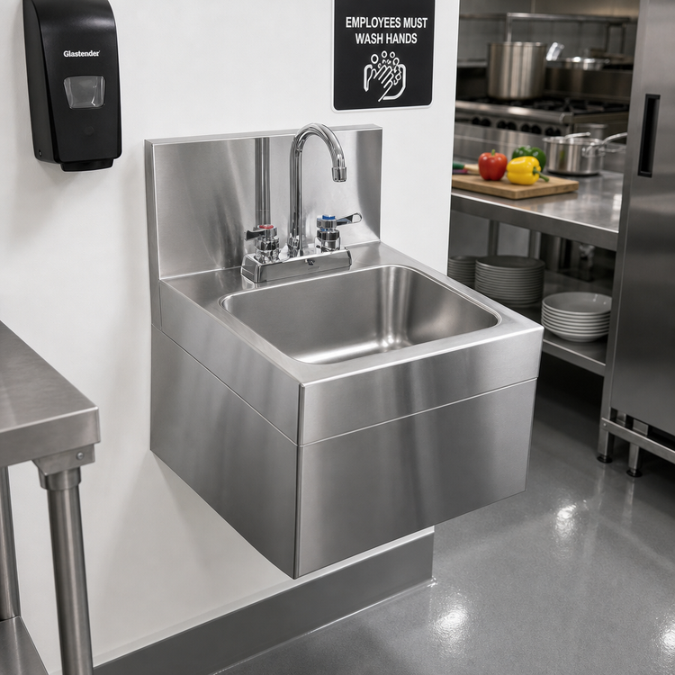 Product image #2 for Glastender WHS-14 Wall-Mounted Stainless Steel Hand Sink with Skirt and Deck-Mount Gooseneck Faucet, 14 x 15 in.