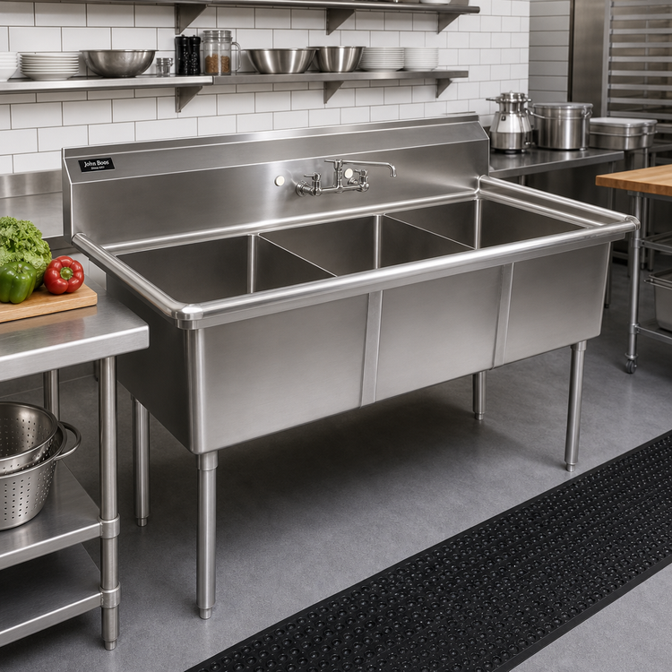Product image #2 for John Boos E-Series 3-Compartment Stainless Steel Floor Sink with Boxed Backsplash, 77"W x 29-1/2"D x 43-3/4"H