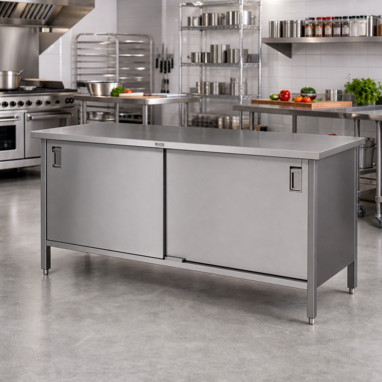Product image #2 for John Boos 72" x 24" 16-Gauge 300 Series Stainless Steel Enclosed Work Table with Cabinet Base and Sliding Doors