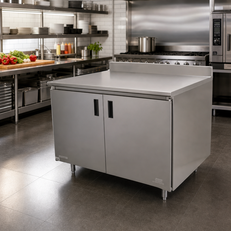 Product image #2 for Advance Tabco Special Value Series Economy Enclosed Work Table with Cabinet Base and Hinged Doors, 36 x 30 Inches, 16-Gauge 304 Stainless Steel Top, 5-Inch Backsplash