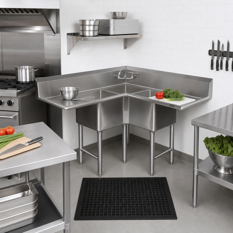 Product image #2 for John Boos E-Series 57-Inch 3-Compartment Corner Sink with Dual 18-Inch Drainboards, 18-Gauge Stainless Steel