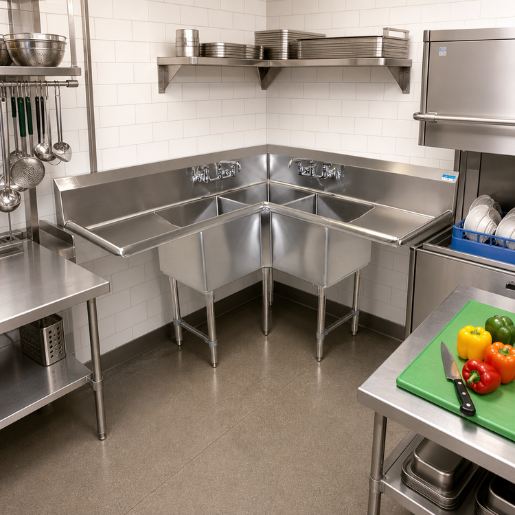 Product image #2 for 63 x 63-Inch Corner 3-Compartment Stainless Steel Sink with Dual 24-Inch Drainboards