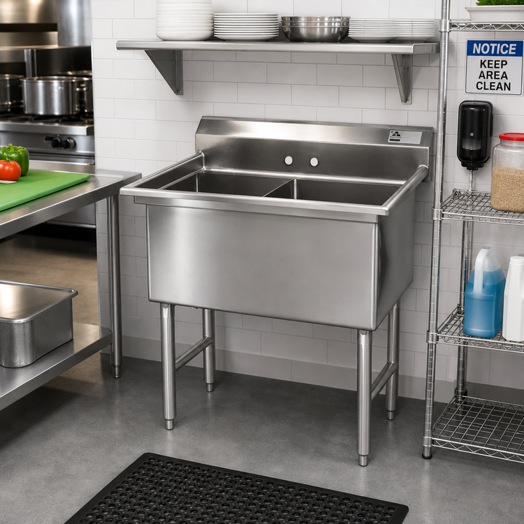 Product image #2 for Advance Tabco Special Value Series 2-Compartment Fabricated Stainless Steel Sink, No Drainboards, 15 x 15 x 14-Inch Bowls