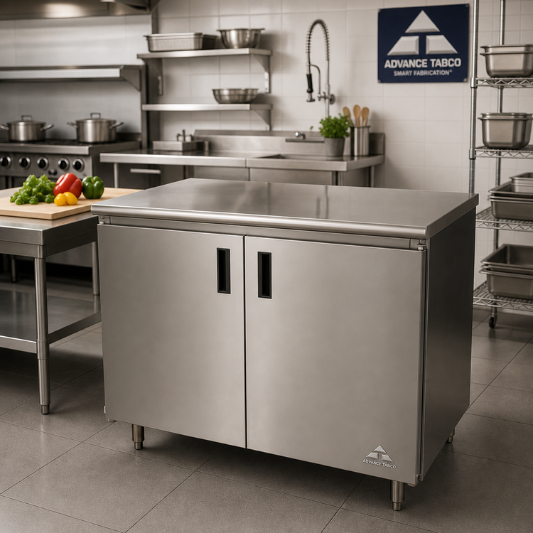 Product image #2 for Advance Tabco Special Value Series 48 Inch x 24 Inch 16 Gauge 304 Stainless Steel Enclosed Work Table with Cabinet Base and Hinged Doors