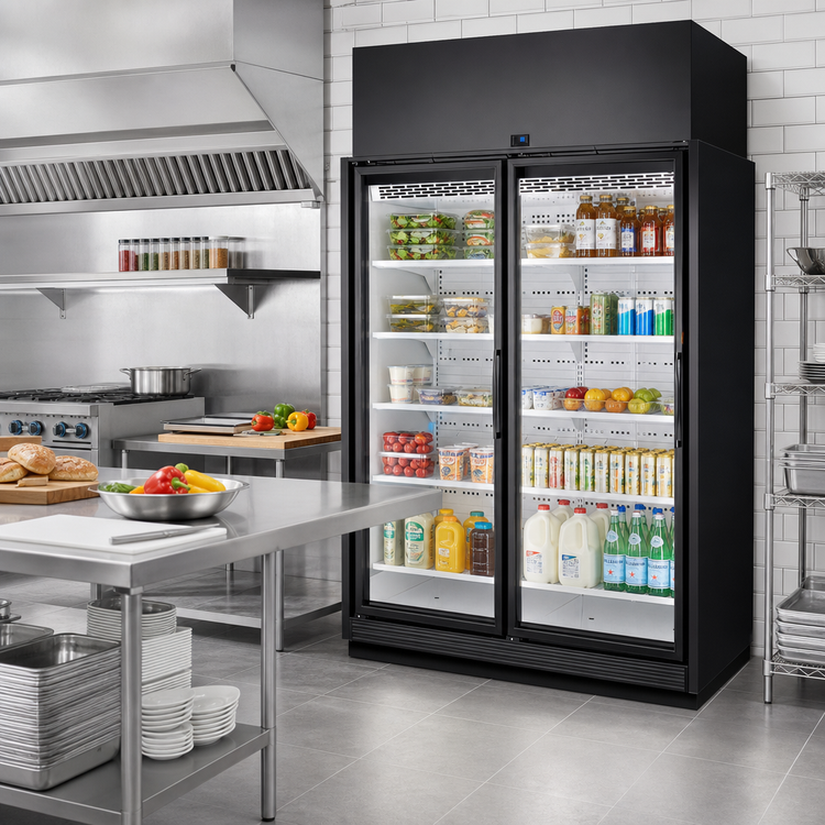 Product image #2 for True 2-Door Medium Temperature Glass Door Refrigerated Merchandiser, 77.9 Cu. Ft., Black Exterior/White Interior