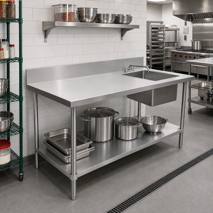 Product image #2 for 72-Inch Stainless Steel Sink Work Table with Right-Side Sink, Backsplash, and Undershelf