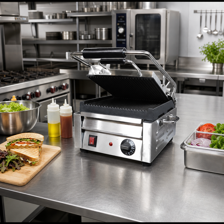 Product image #2 for Omcan USA Single Commercial Panini Press with Grooved Cast Iron Plates, 10 x 11 Inch Cooking Surface, 120V