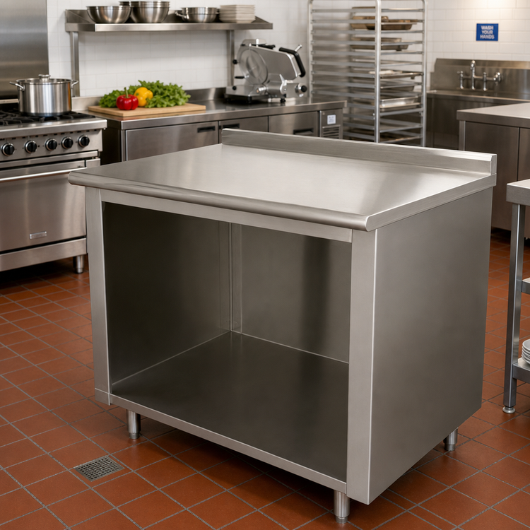 Product image #2 for Advance Tabco 48-Inch x 36-Inch 14-Gauge 304 Stainless Steel Work Table with Open Front Cabinet Base and 1-1/2-Inch Rear Up-Turn