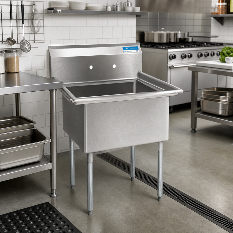 Product image #2 for BK Resources Commercial One-Compartment Sink with 18 x 18 x 12-Inch Bowl, 9-Inch Backsplash, and Galvanized Legs