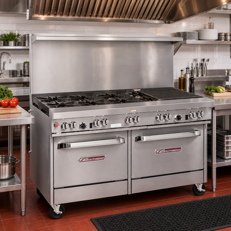 Product image #2 for Southbend Ultimate 60-Inch Gas Restaurant Range with 3 Star/Sauté Burners, 2 Pyromax Burners, 24-Inch Charbroiler, Convection Oven and Cabinet Base