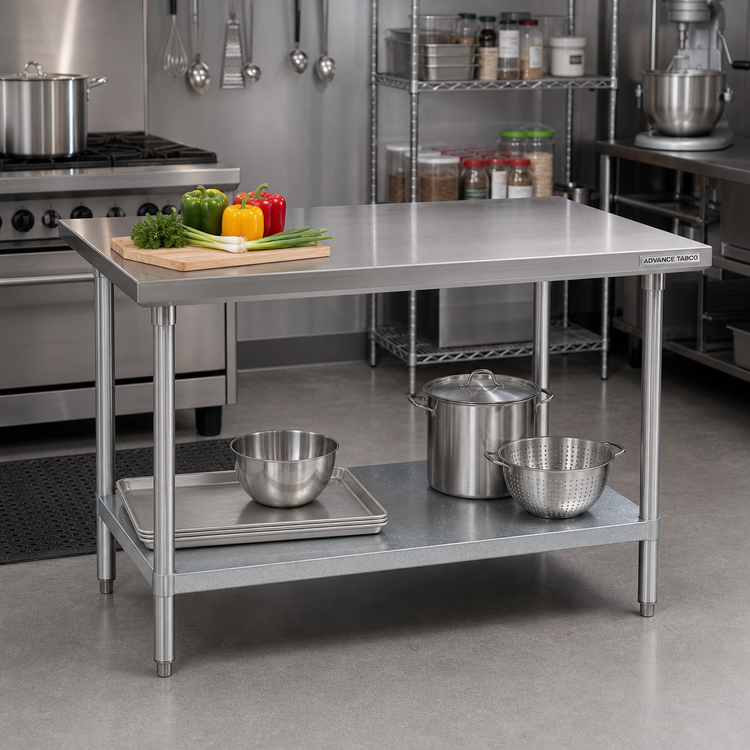 Product image #2 for Advance Tabco 48 Inch x 36 Inch Flat Top Stainless Steel Work Table with Galvanized Undershelf and Legs