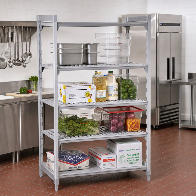 Product image #3 for Cambro Camshelving Premium 72" x 24" x 64" Stationary Starter Unit, 4-Tier 3 Vented + 1 Solid Polymer Shelving