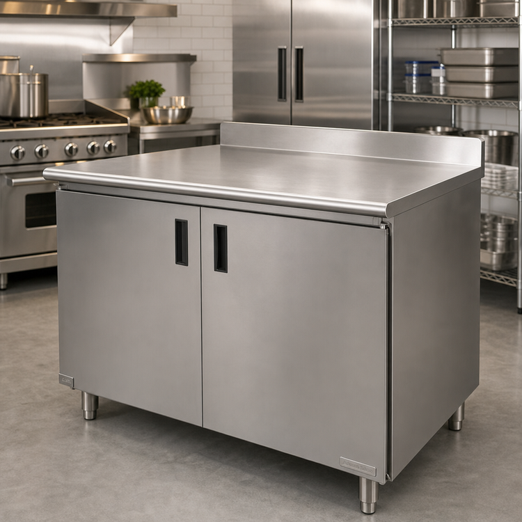 Product image #2 for Advance Tabco Special Value Economy Enclosed Work Table with Cabinet Base, Sliding Doors, 304 Stainless Steel Top, 84 x 30 Inches